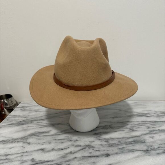 Anthropologie Tan Fedora Hat with Brown leather Band One size - Picture 1 of 12